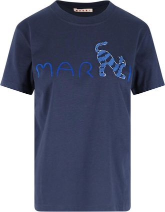 Marni Animal Aphabet Logo T-Shirt In Blue Cotton