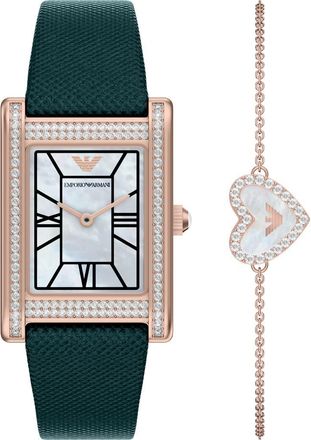 Emporio Armani Mother-of-Pearl Tank Leather Strap Watch Set, 22.5mm x 32mm in Green at Nordstrom