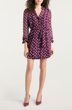 Cinq &agrave; Sept Camille Polka Dot Long Sleeve Chiffon Shirtdress in Deep Plum/Limestone at Nordstrom Rack, Size 10