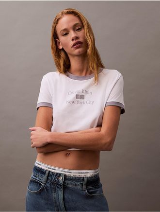 Calvin Klein Jeans Calvin Klein Womens Logo Graphic Cropped Classic T-Shirt - White - XS
