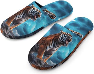 Generic Roaring Tiger And Thunder Mens Slippers Flannel Warm House Shoes with Rubber Anti-Slip Sole Slip On for Home Outdoor