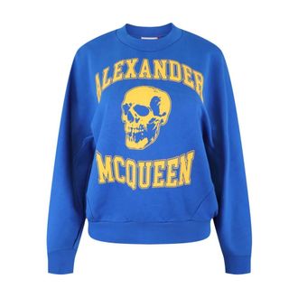Alexander McQueen Alexander McQueen, Sweatshirts, female, Blue, Size: 2XS Blue Cotton Sweatshirt with Printed Front Panel