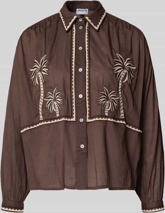 Jake*s Casual Regular Fit Hemdbluse mit floralem Stitching in Dunkelbraun, Gr&ouml;&szlig;e 34