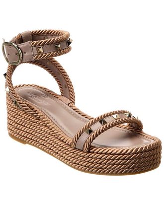 Valentino Rockstud 45 Rope & Leather Wedge Sandal