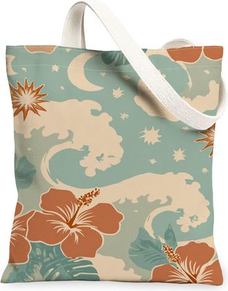Generic Hibiscus Canvas Tote Bags, Tropical Plant Pattern Reusable Grocery Bags, Summer Vintage Lightweight Washable Shoulder Strap, Blue, 13x15 Inch