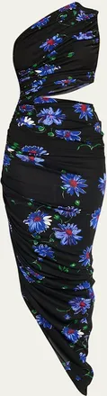 Alaia Ruched Floral Jersey Cutout Asymmetric Midi Dress