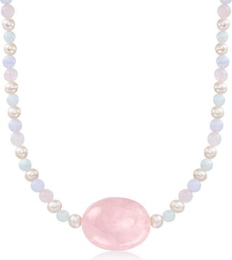 Ross-Simons Rose Quartz and Pastel Multi-Gemstone Bead Necklace With 6-6.5mm Cultured Pearls in 18kt Gold Over Sterling