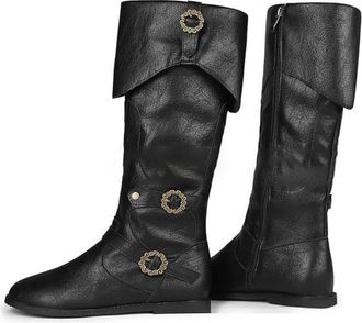 Generic Mens PU Leather Knee High Boots with Side Zipper Flat Heel Vintage Medieval Boots Round Toe Long Boot with Buckle,Black,9.5 UK