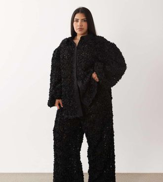 Asos Curve - Pantaloni da mare neri con fiori 3D-Nero