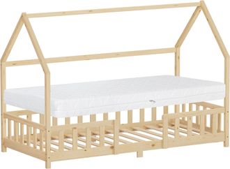 ML Design Ml-design Cama Infantil 90x200cm Natural Forma De Casa Con Colch&oacute;n Al:16cm, Protecci&oacute;n Antica&iacute;da, Techo Y Somier, De Madera Maciza De Pino, Lecho Dobl