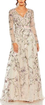 Mac Duggal V Neck Long Sleeve Embroidered Gown in Blush at Nordstrom, Size 16