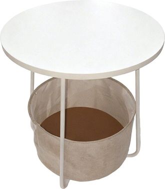 Relaxdays Relaxdays side table, round, with fabric basket, H x D 50 x 45 cm, living room coffee table, MDF & metal, white-beige