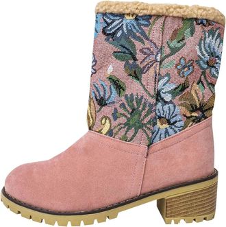 Generic Pink Womens Flower Frosted Embroidery Ankle Boots Two-Way Wear Chunky Heel Fashion Casual Fall Winter Comfortable Walking Shoes with Flock Material