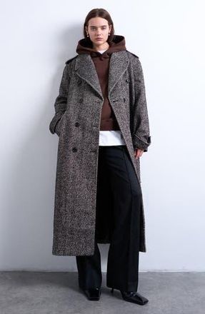 Topshop Belted Herringbone Longline Coat in Black Multi at Nordstrom Rack, Size Large