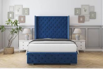 Sloomy Arundel Plush Bed Frame With 50 Upholstered Wingback Headboard in Navy | Size: Single