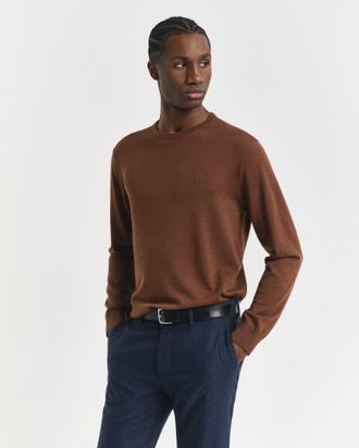 GANT Men Merino Wool Crew Neck Sweater (4XL) MAHOGANY BROWN