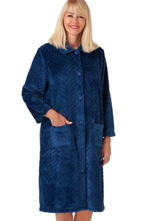 Marlon Womens Sabrina Button Through Embossed Fleece Dressing Gown - Soft & Cosy Housecoat With Pockets, Ocean Blue, 8-10