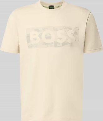 HUGO BOSS Regular Fit T-Shirt aus Baumwoll-Mix Modell TS_GLOBE LOGOPATTERN in Sand, Gr&ouml;&szlig;e XXXL