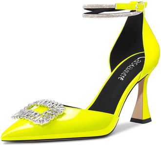 Castamere Women High Chunky Block Heel Ankle Strap Diamond Crystal Pointed Toe Pumps Court Shoe 8.5 CM Heels Yellow 7 UK