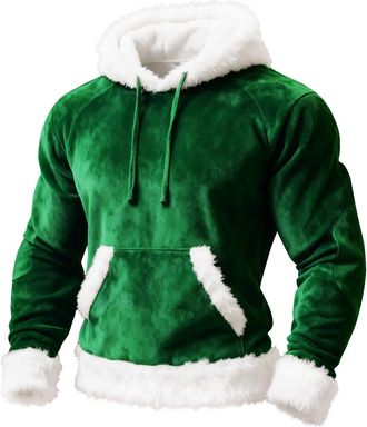 Generic Christmas Jumpers for Men Plush Stitching Mens Hoodies Patchwork Color Velvet Oversized Long Sleeve Pullover Loose Fit Hooded Sports Mens Sweatshirt (