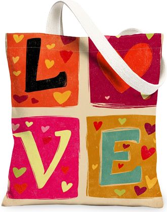 Generic Colorful Hearts Canvas Tote Bags, Vintage Love Pattern Reusable Grocery Bags, Lightweight Washable Shoulder Strap Canvas Fo, Multicolor, 13x15 Inch