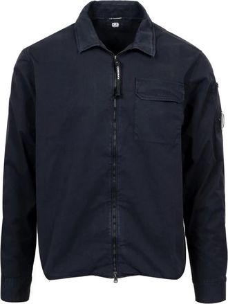 C.P. Company Cotton Collar Long Sleeve Shirt Zip Logo - Heren - Zomerjassen - Blauw - 2XL - Katoen - Jassen