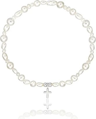 Lily & Roo Silver Childrens Pearl Tiny Cross Bracelet