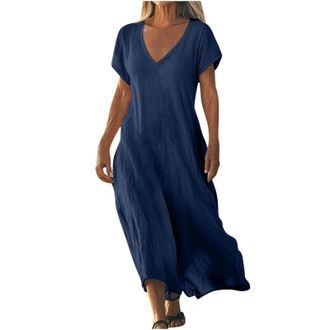 Generic Womens Summer Maxi Dresses V Neck Solid Color Short Sleeve Linen Long Dress Loose Swing Flowy Boho Vacation Dresses