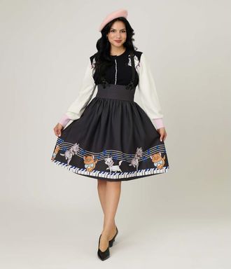 Unique Vintage Suspender Swing Skirt in Black Piano Cats Print at Nordstrom, Size X-Large
