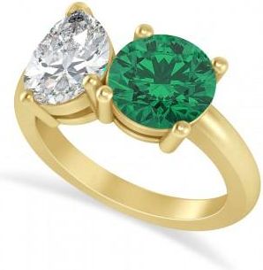 Allurez Round/Pear Diamond & Emerald Toi et Moi Ring 14k Yellow Gold (4.00ct)