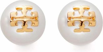 Tory Burch Pearl Logo Oorbellen met Kliksluiting - Dames - Oorbellen - Wit - ONE Size - Accessoires
