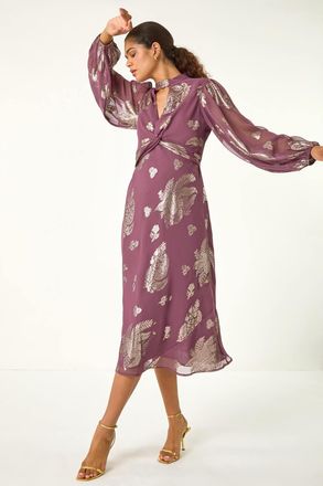 Roman Keyhole Knot Front Jacquard Midi Dress