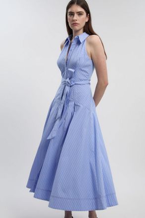 Karen Millen Womens Cotton Collared Stripe Halter Neck Woven Midi Shirt Dress With Dropped Waist Detail - Multicolour - Size 12 UK