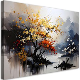 Feeby Impresi&oacute;n De Imagen Paisaje Japon&eacute;s: &Aacute;rboles Monta&ntilde;as Color Beige 100x70
