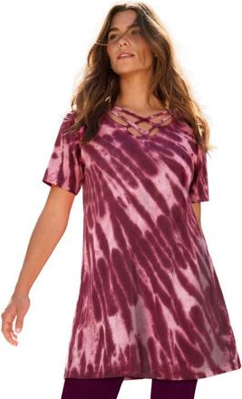 Roaman's Ultimate Lattice Neck Short Sleeve Tunic in Dark Berry Swirl Tie Dye at Nordstrom, Size 24