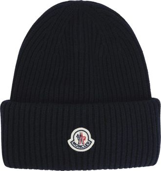 Moncler Ribbed Logo-Patch Muts - Heren - Hoeden - Blauw - ONE Size - Wol - Accessoires
