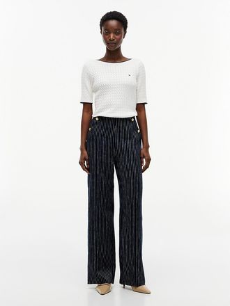 Tommy Hilfiger Womens Gold-Button Striped Wide Leg Pant - Pinstripe Navy - 12