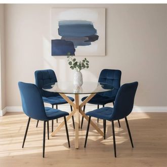 Kosy Koala Round Glass Dining Table Set With 4 Blue velvet Chairs Furniture