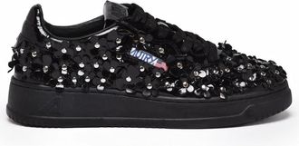 Autry Black Reflective Floral Leather-Blend Low-Top Sneakers