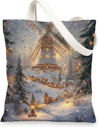 Generic Winter Farmhouse Christmas Canvas Tote Bag for Shopping 13x15, Snow Windmill Xmas Scenic Reusable Grocery Print Bag for Women Men, Farm Holiday Aesthe