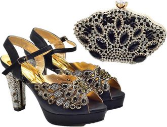 Generic Womens Peep Toe Thin Heels Shoes Matching Flower Evening Handbag Set Sparkly Rhinestone Big Crystal Decoration Black