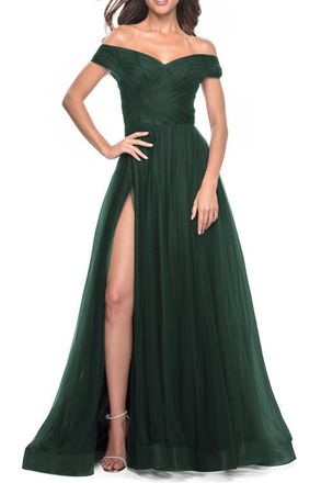 La Femme A-Line Tulle Prom Dress with Off the Shoulder Top in Dark Emerald at Nordstrom, Size 10