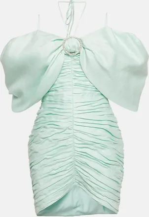 Rasario Light Green Linen Blend Ruched Off Shoulder Dress