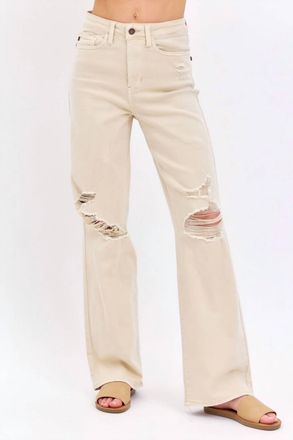 Judy Blue High Waist Distressed Flare Jeans In Bone
