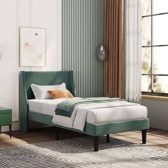 Matteo Luxurious Velvet Single Bed with Winged Headboard & Wood Slat Support, Dark Green in Beige