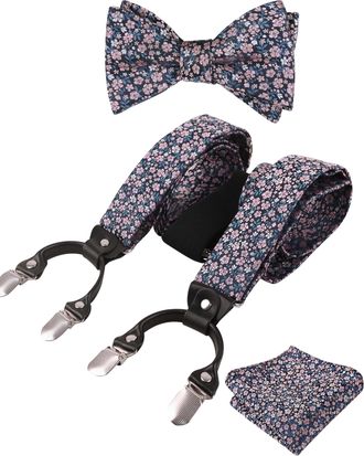 Alizeal Mens Floral Patterned Classic Colorful Self Tied Bow Tie, Hanky and Y Shape Adjustable 6 Clips Braces Set, Navy+Blush