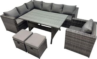 Fimous Fimous Outdoor PE Rattan Sofa Set with Dining Table Patio Garden Furniture Sets with Chair 2 Small Stool Dark Grey Mixed