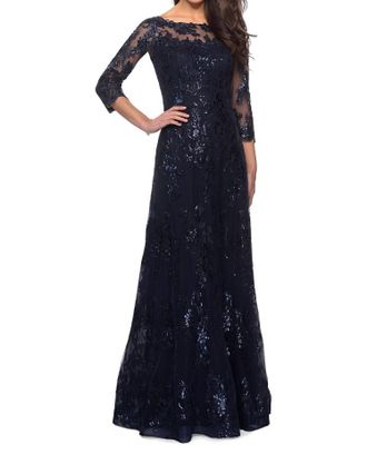 La Femme Elegant Boat Neck Gown In Navy