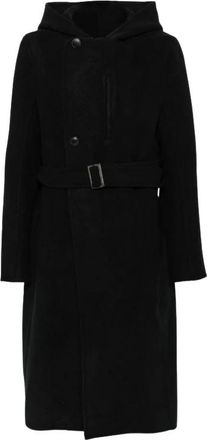 Rick Owens Jassen, Heren, Zwart, L, Kasjmier, Geknoopte Jas met Capuchon