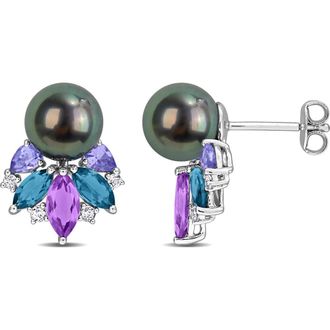 Delmar 8-8.5mm Cultured Tahitian Pearl & Gemstone Cluster Earrings in Silver/Multi at Nordstrom Rack